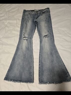GOGO Light Blue Ripped Flare Jeans with Frayed Hem